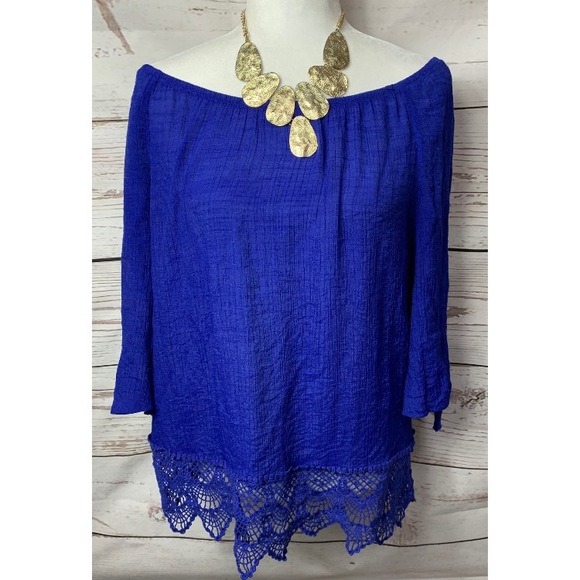 Anthropologie Tops - Anthro Bobeau Off Shoulder Royal Blue Lace Hem Top
